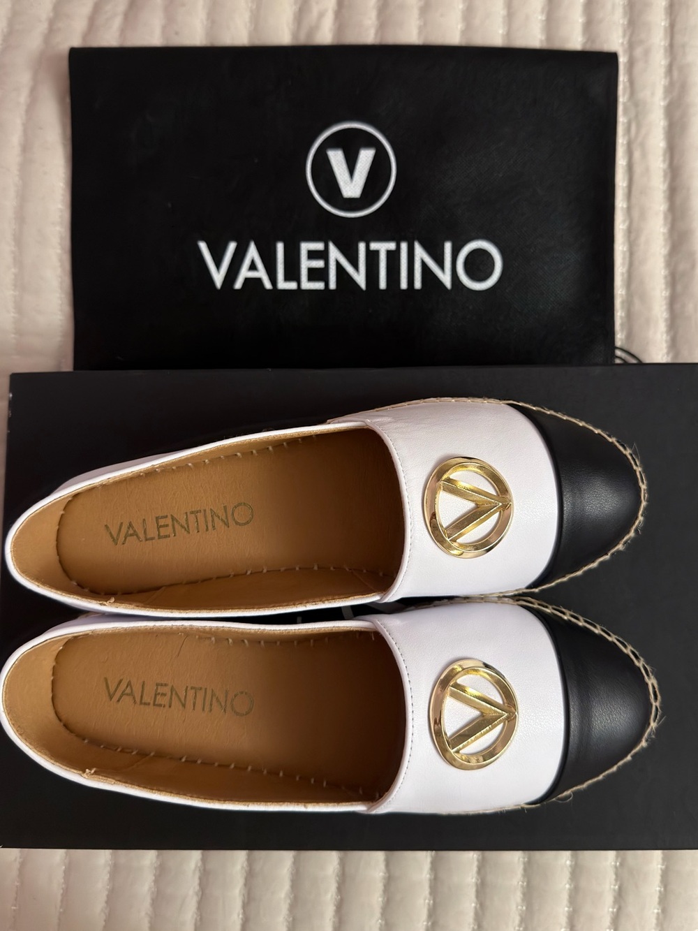 Valentino White and Black Espadrille Flats with Gold V Medallion